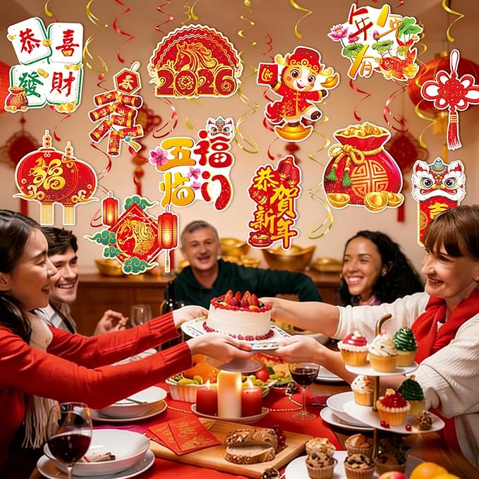 2026 Chinese New Year Hanging Swirls, 30Pcs Lunar New Year Ceiling Streamers Spring Festival Swirls for Chinese Horse Party Hanging Decorations