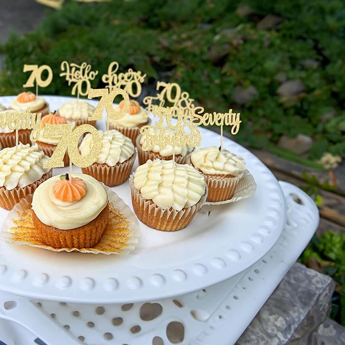 30Pcs Happy 70th Birthday Cupcake Toppers Seventy Cheers to 70 Years Old Birthday Cupcake Picks for 70th Anniversary Party Cake Decorations Supplies Gold Glitter