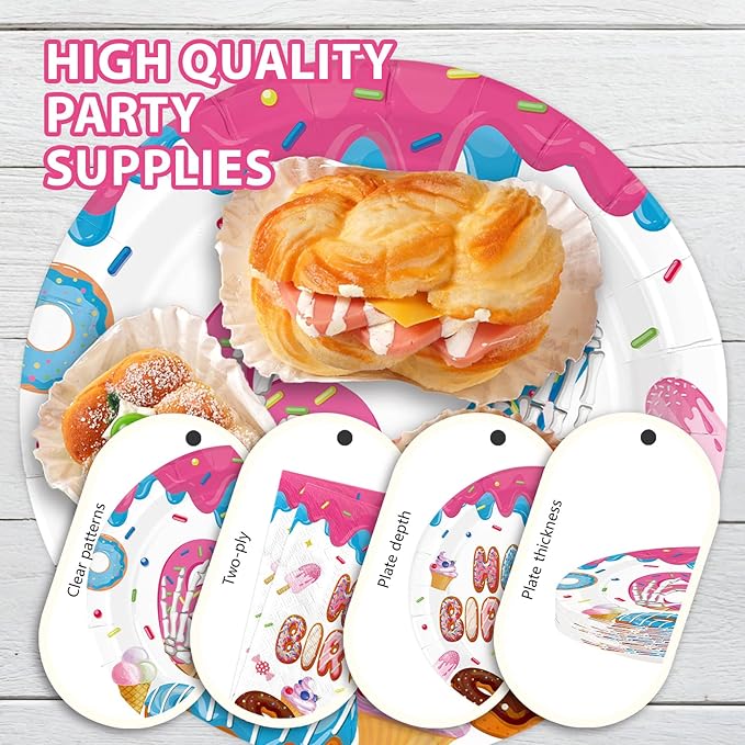 96Pcs Donut 6 7 Birthday Decorations 6/7 Birthday Plates and Napkins 67 Themed I was 6 Now I'm 7 Disposable Paper Tableware Set for Kids Boys Girls 6-7 Year Old Party Supplies Serves 24
