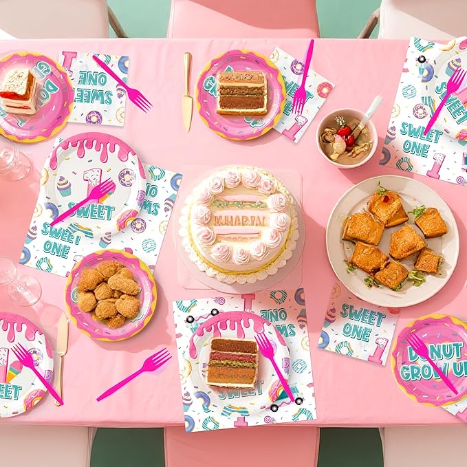 Donut Tableware Party Supplies - 96Pcs Sweet One Tableware Decorations Donut Grow Up Desserts Themed Disposable Paper Plates Napkins Forks for Kids Girl 1st Birthday Baby Shower Serve 24