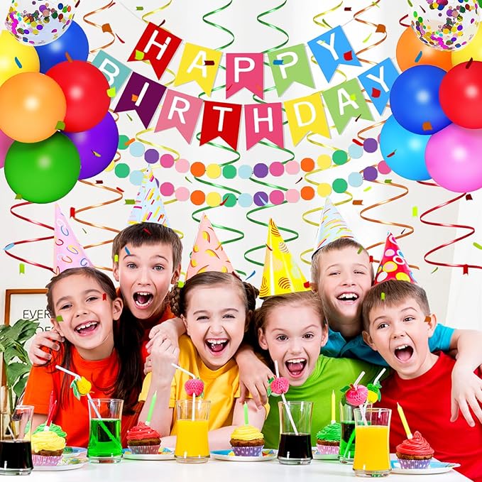 Rainbow Birthday Decorations for Kids Girls Women,Colorful Birthday Party Decorations for Girls with Happy Birthdays,Colorful Circle Parper Garland,Rainbow Fringe Curtain, Colour Party Supplies