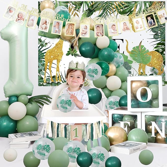 Wild One Jungle Theme Birthday Decorations Kit for Boys, Palm Leaf Balloon Garland, Boxes, Party Supplies