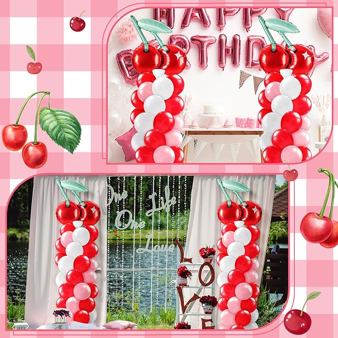 Kasyat 2 Set Cherry Balloon Column Stand Kit with Adjustable Balloon Arch Kit Red Cherry Party Supplies for Girls Summer Fruit Wedding Baby Shower Birthday Party Supplies