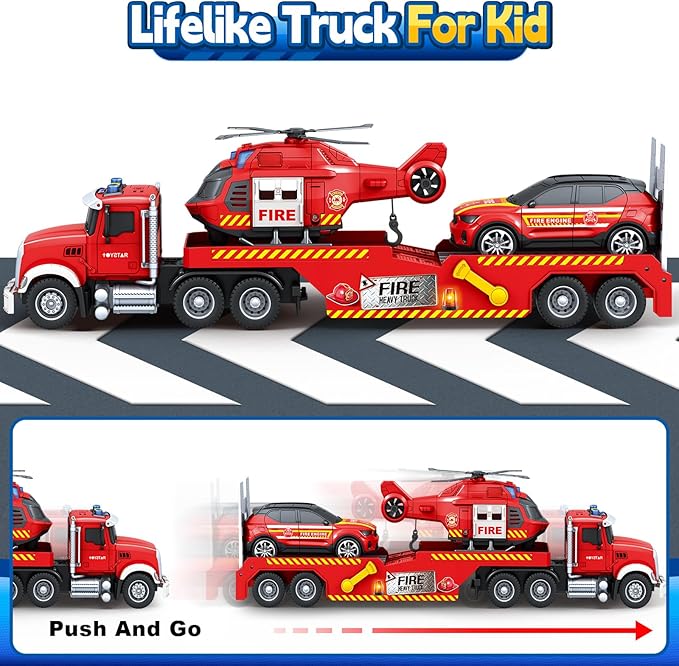 Toddler Boy Toys for 3 4 5 6 7 Years Old Kids, 21" Semi Fire Truck Toy with Racing Car and Helicopter, Friction Powered Toys with Lights and Sounds, Birthday for Boy Girls