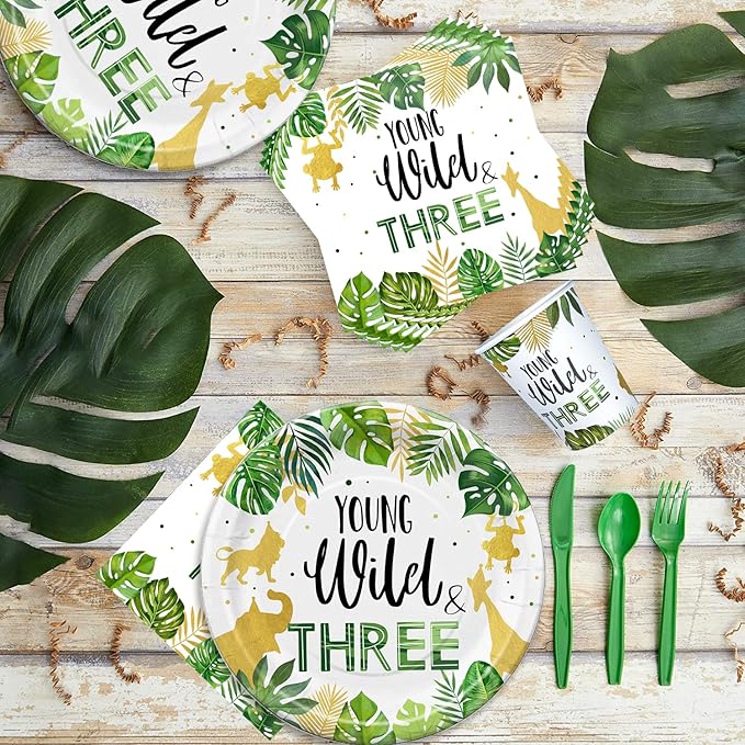 Young Wild And Three Decorations Tableware, Safari Jungle Theme 3rd Birthday Party Supplies Dinnerware Include Plates, Cup, Napkin, Cutlery, Tablecloth, For 3 Year Old Birthday Party | Serves 24