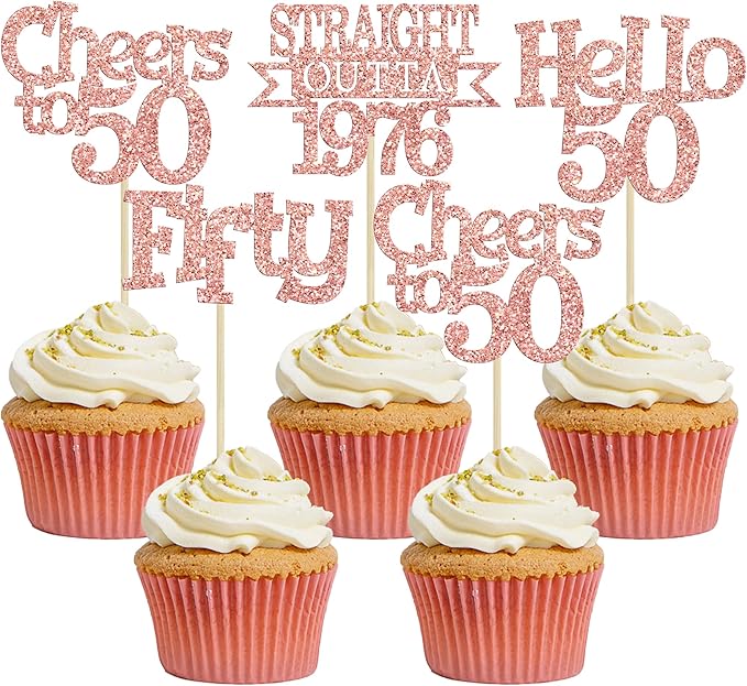Ephlyn 24Pcs Happy 50th Birthday Cupcake Toppers Glitter Straight Outta 1976 Cupcake Picks Hello 50 Cheers to 50 Years Birthday Cake Decorations for 50th Birthday Anniversary Party Supplies Rose Gold