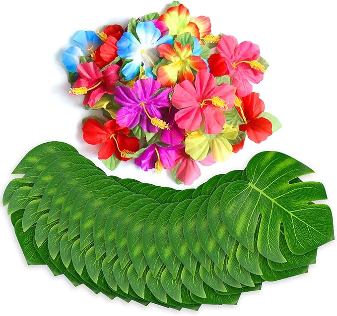 60Pcs Tropical Party Decorations Supplies Tropical Palm Leaves Hibiscus Flower Simulation Artificial Leaf for Hawaiian Luau Safari Party Jungle Beach Theme BBQ Birthday Parties Decorations Table Decor