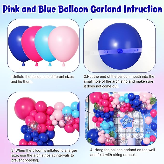 170Pcs Blue and Pink Balloons Arch Garland Kit, Royal Light Blue Hot Pink Confetti Balloons for Kid Summer Hawaii Tropical Gender Reveal Baby Shower Cartoon Themed Birthday Party Decorations Supplies