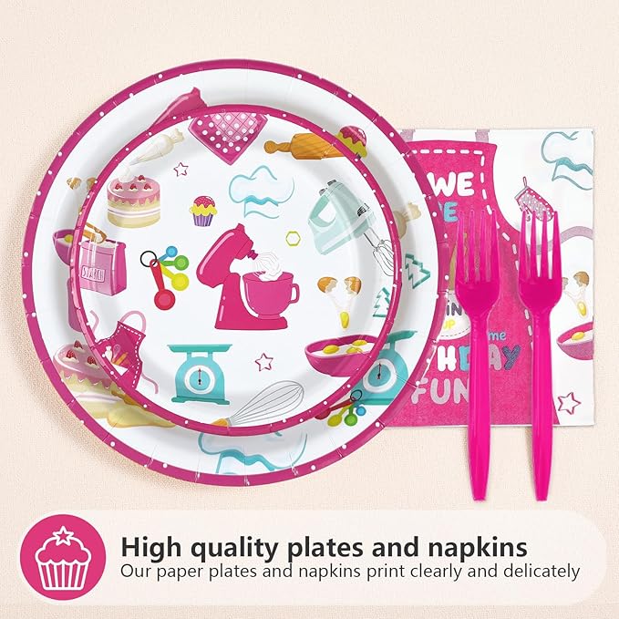 96Pcs Baking Birthday Party Supplies Pink Baking Plates and Napkins Pink Bakery Macaron Tableware Sets for Girls Kids Bakers Happy Birthday Baby Shower Party Decorations, Serves 24