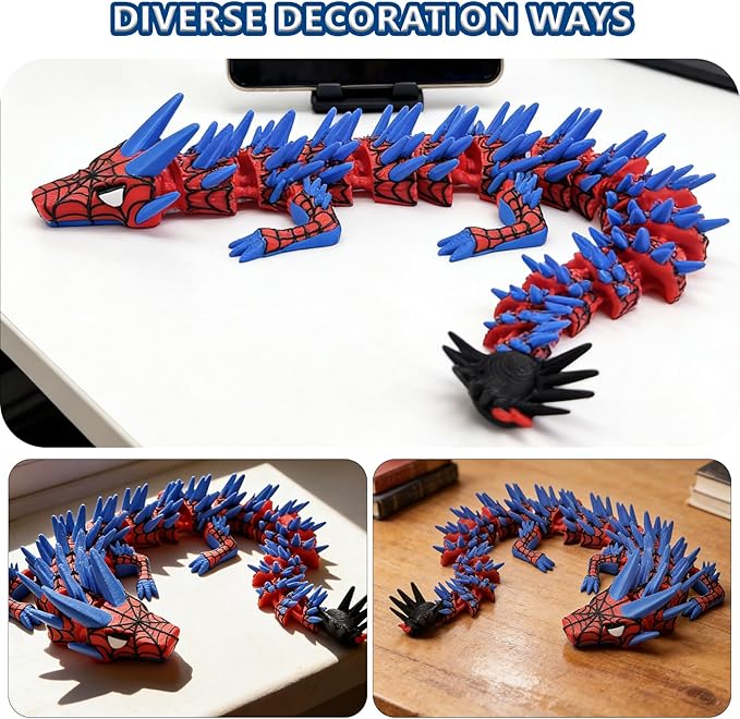 3D Printed Dragon,3D Printed Dragon Model,Flexible Articulated 3D Dragon Fidget Toy,Unique 3D Printed Animals Gift and Desktop Decoration (Blue-10 inch).