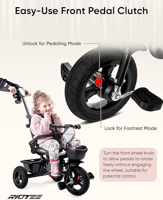 7-in-1 Tricycle for 18 Months to 5 Years, All-Terrain Rubber Tires, Dual Wheel Brakes, Rotatable Seat for Toddlers 1.5-3, Tricycle for 3-5 Years with DIY Stickers, Black