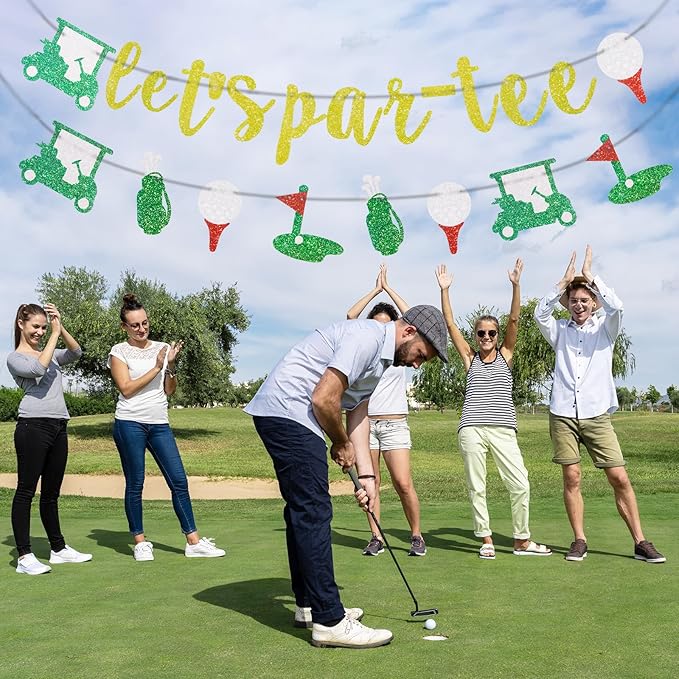 MEMOVAN Golf Birthday Banner Garland Let's Par-Tee Banner Golf Theme Retirement Banners Golfer Happy Birthday Garland for Golfer Lover Men Sports Par-Tee Time Party