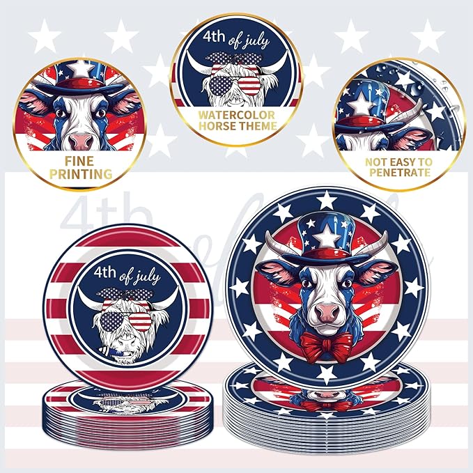 Highland Cow Patriotic Party Supplies - 96PCS Plates and Napkins Tableware Disposable Dinnerware Serve 24 Guests American Flag Patriotic 4th of July Memorial Veterans Day Party Decorations Supplies