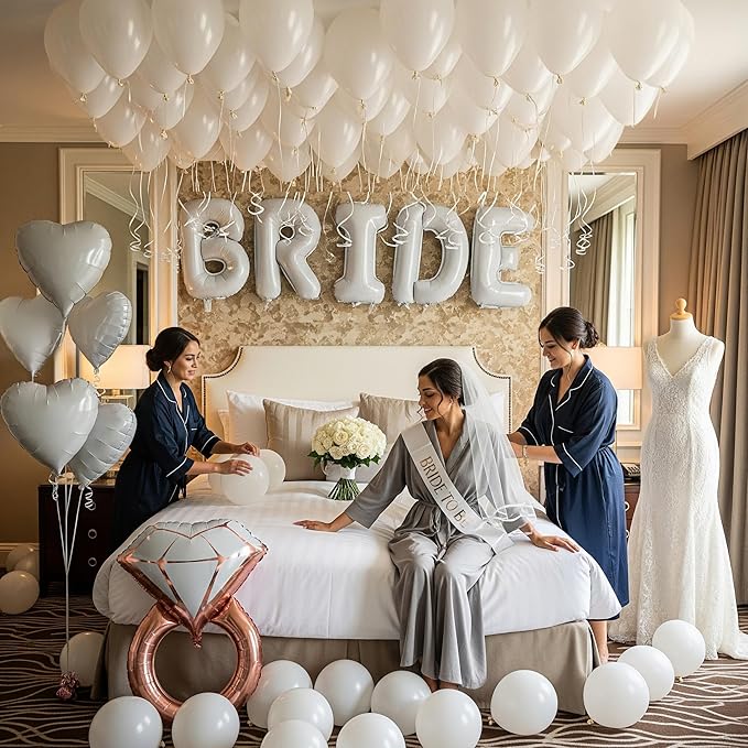 White Bridal Shower party decorations with pearl balloons Bridal Veil BRIDE Balloons Sash with Diamond Ring Heart Balloons Bridal Veil for Bachelorette Party Decor Bride To Be suppiles