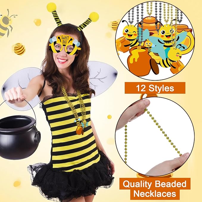 Kingdder 36 Pcs Bee Party Supplies 12 Bee Honeycomb Sunflower Beaded Necklaces 12 Headbands 12 Touchdown Paper Glasses Prop Accessories for Spring Birthday Party Photo Booth Props Summer Decorations