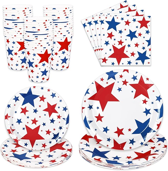 Whaline 96Pcs Patriotic Party Tableware Set with Paper Plate Napkin Cup Red Blue Star 4th of July Disposable Dinnerware for 24 Guests Independence Day Party Table Decor
