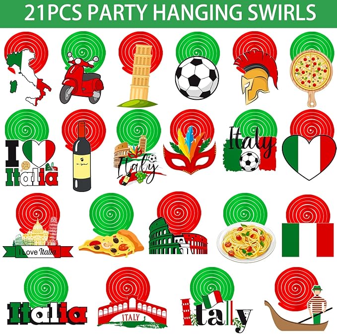 Italian Party Hanging Swirls I Love Italy Hanging Decorations 20PCS Italian Birthday Party Supplies Hanging Swirls Italian Decorations Party Theme Italy Ceiling Streamers for Pizza Party Favor Decor