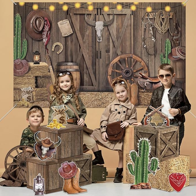 15 Pcs Western Cowboy Party Decorations Rustic Wooden House Barn Backdrop Wild West Hay Bales Boxes Trunk or Treat Car Decor for Halloween Farm Fall Harvest Thanksgiving Rodeo Birthday Party Supplies