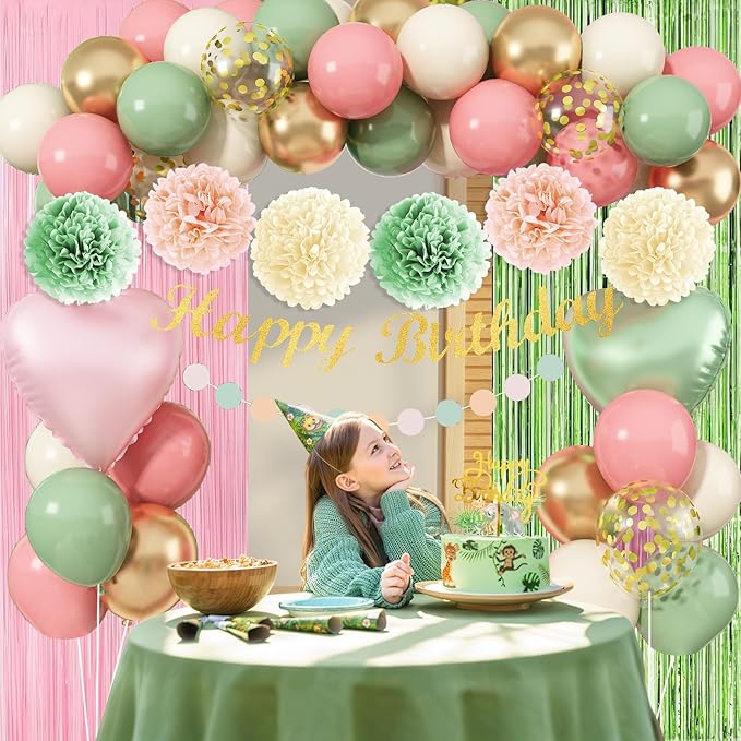 Sage Green Pink Birthday Decorations, Blush Pink Olive Green Gold Sand White Latex Confetti Balloons Boho Happy Birthday Banner Fringe Curtain Pompom for Women Girls Woodland Fairy Party Decor
