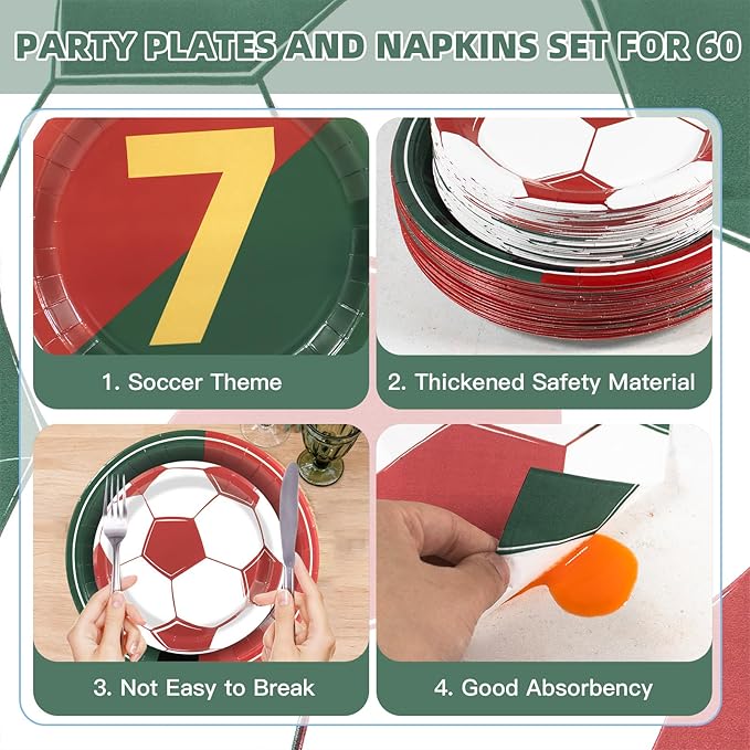180Pcs Soccer Party Supplies Paper Plates and Napkins Serve 60 Disposable Tableware Set for Birthday Party Decorations Game Day Family Holiday Sports Events