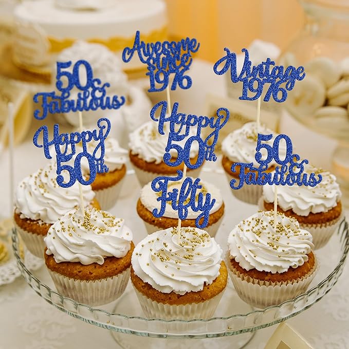 Ephlyn 30Pcs Happy 50th Birthday Cupcake Toppers Glitter Fifty Vintage 1976 Cupcake Picks Cheers to 50 Fabulous Cake Decorations for 50th Birthday Wedding Anniversary Party Supplies Dark Blue