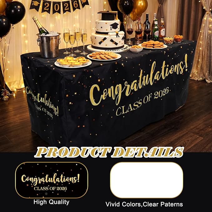 Oudain 6 ft Graduation Tablecloth Congratulations Class of 2026 Party Decorations 72 x 30 Inches Class of 2026 Table Cover Waterproof Washable Fabric Polyester Rectangle for Graduation Party Supplies