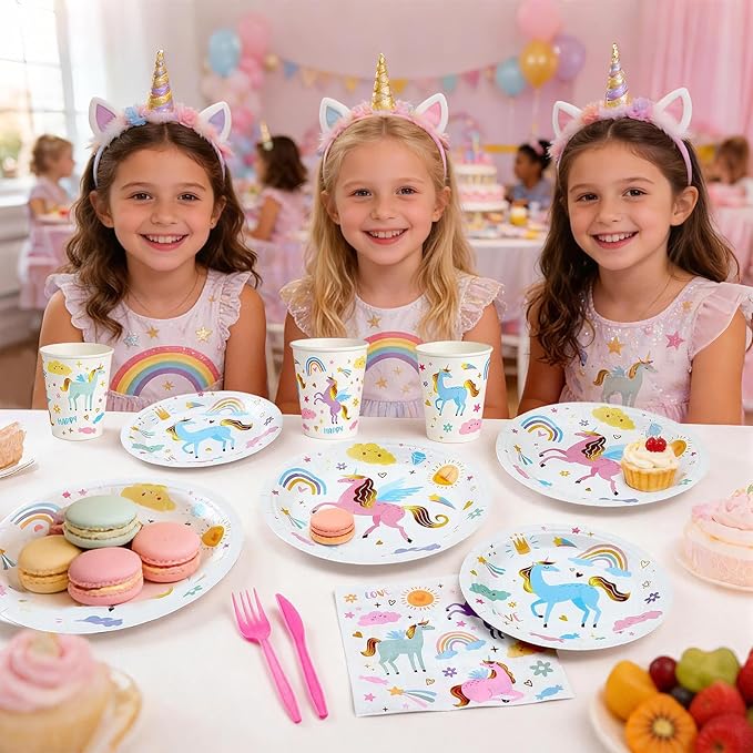 144Pcs Unicorn Birthday Party Supplies Decorations Kids Girl Themed Paper Plates Napkins Vintage Party Tableware Disposable Dinnerware for Girl Kid Birthday Baby Shower Table Decor, Serve 24