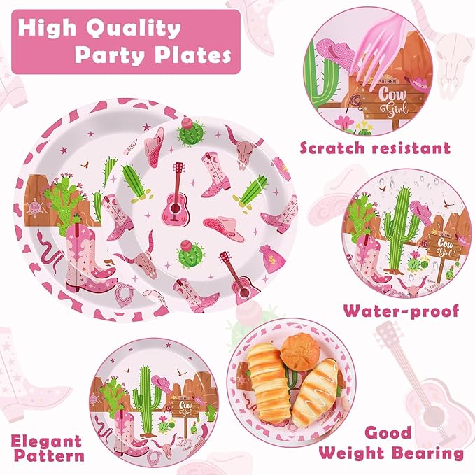 96Pcs Western Cowgirl Party Supplies Paper Plates Napkins Pink Cowgirl Bachelorette Cactus Party Tableware Set Wild West Rodeo Birthday Decorations Favors for Kids Baby Shower Farm Decor Serves 24