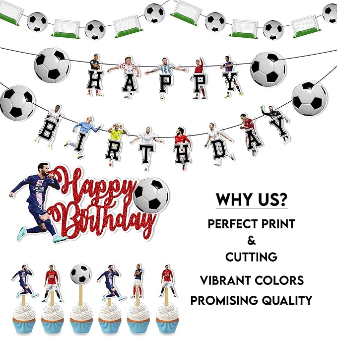 Soccer Football Theme Birthday Party Supplies – Sports Inspired Party Decoration Set for Birthday Celebrations and Themed Events, Decorative Table Styling Items for Dessert Displays.