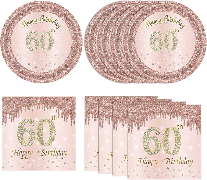 40 PCS 60th Birthday Decorations for Women Rose Gold Party Supplies Include 60th Birthday Plates and Napkins Rose Gold 1966 Birthday Decorations Disposable Tableware Set for Girl Ladies Women