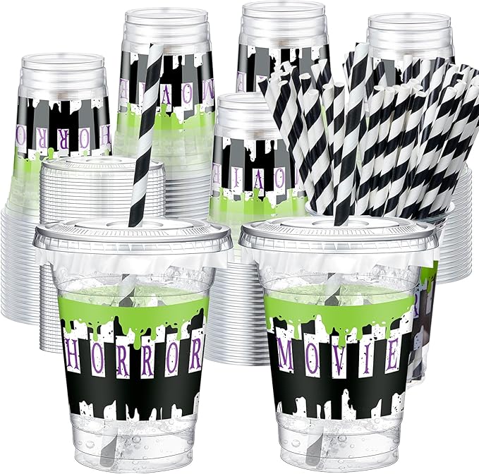 Domensi 50 Pcs Halloween Black and White Juice Classic Horror Party Plastic Cup 12 oz Scary Disposable Plastic Cups with Lids and Straws Thick Clear Horror Movie Party Table Decoration Supplies