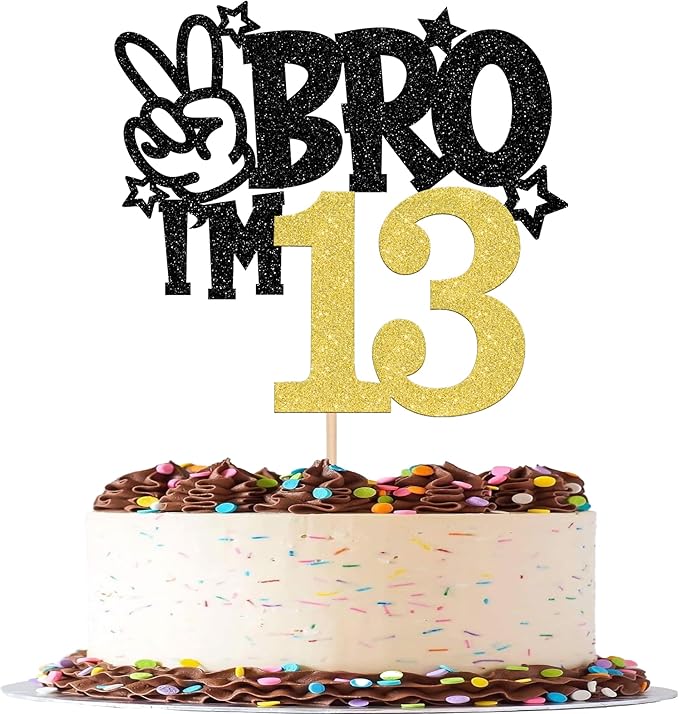 1 PCS Brother I'm 13 Cake Topper Glitter Star Happy 13th Birthday Cake Pick Bro I'm 13 Cake Decoration It's My 13th Birthday Decorations for Boys Cheers to 13 Years Old Birthday Party Supplies Gold