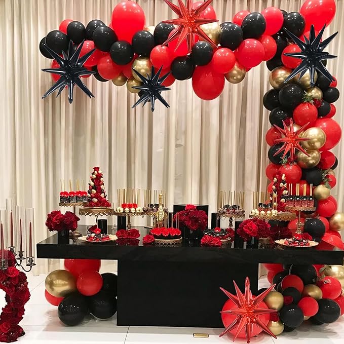 TONIFUL 8 Pcs Black Red Star Foil Balloons Large Explosion Star Mylar Decorations for Party Backdrop Christmas New Year Birthday Wedding Baby Shower Anniversary Photo Booth Supplies