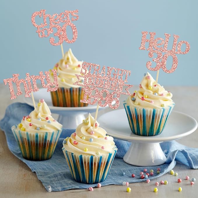 Ephlyn 24Pcs Happy 30th Birthday Cupcake Toppers Glitter ThirtyCupcake Picks Hello 30 Cheers to 30 Years Cake Decorations for 30th Birthday Anniversary Party Decorations Supplies Rose Gold