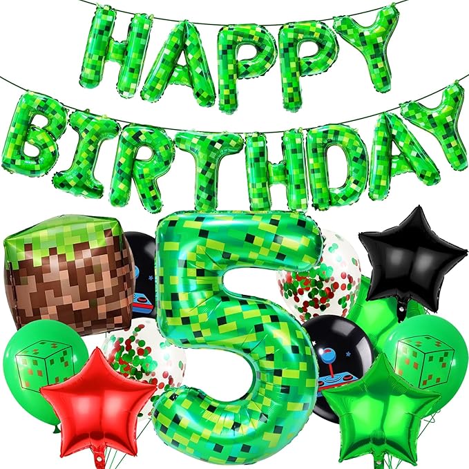 40in Pixel Number 5 Balloon Birthday Decorations, Miner Theme Foil Balloons banner Blast Gaming Party Supplies