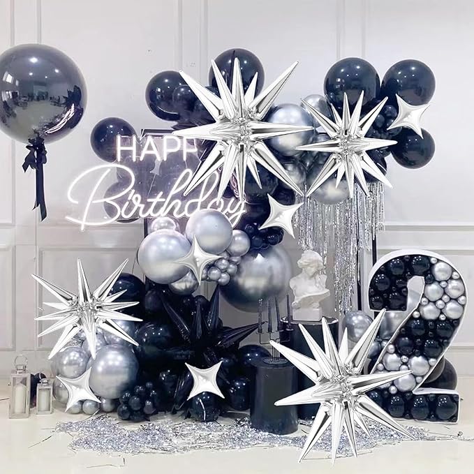20 Pcs Star Balloons 27”22”Explosion Star Foil Balloons- 12 Point Star Balloons,Silver Spike Balloons and Four Pointed Star Balloos for Party Supplies Christmas Birthday Wedding Photo Booth (Silver)