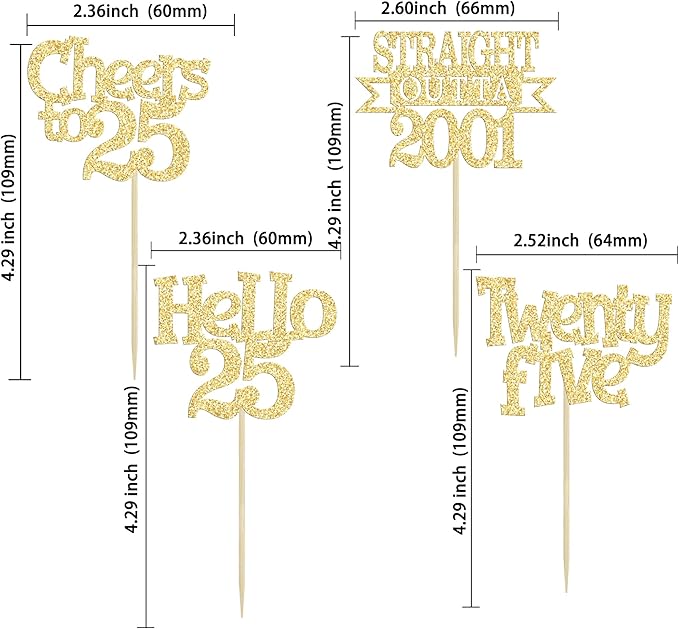 Ephlyn 24Pcs 25th Birthday Cupcake Toppers Glitter Straight Outta 2001 Cupcake Picks Hello 25 Cheers to 25 Years Cake Decorations for 25th Birthday Anniversary Party Decorations Supplies Gold