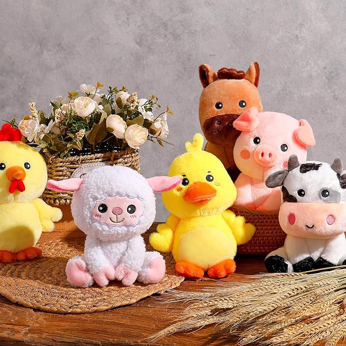6 Pcs Farm Animals Toys 7 Inch Horse Sheep Cow Duck Chick Pig Large Stuffed Animals Bulk for Woodland Baby Showers Party Decor Birthday Gifts Classroom Teacher Student Awards