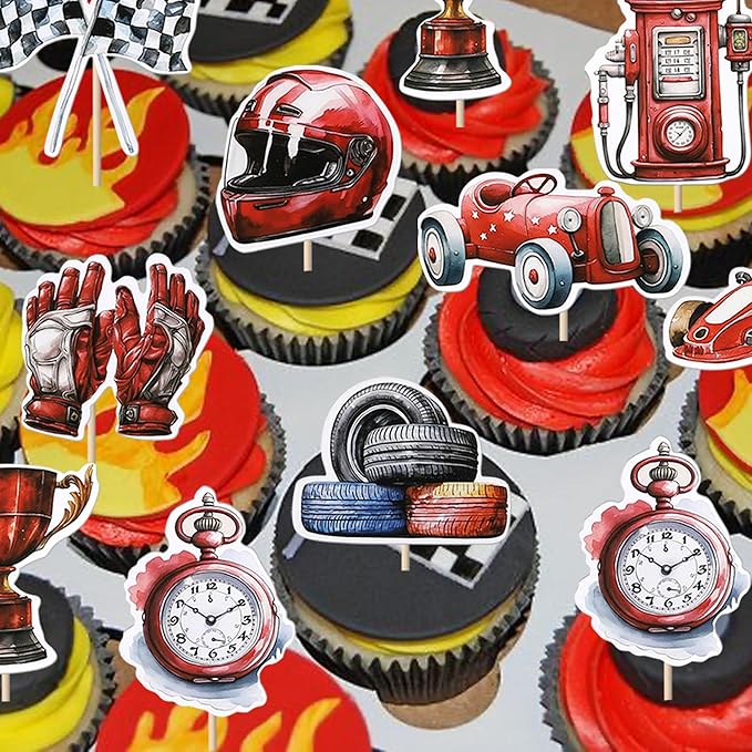 40 Pack Racing Car Cupcake Toppers Fighting Flag Cupcake Picks Race Helmet Gloves Cupcake Decorations for Racing Sport Theme Baby Shower Boys and Girls Birthday Party Supplies
