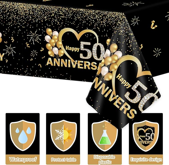 3pcs Happy 50th Anniversary Tablecloths Black Gold Table Covers 50th Wedding Anniversary Party Supplies for Parents Cheer to 50 Years Party Decorations and Plastic Disposable Favors,108*54 inch