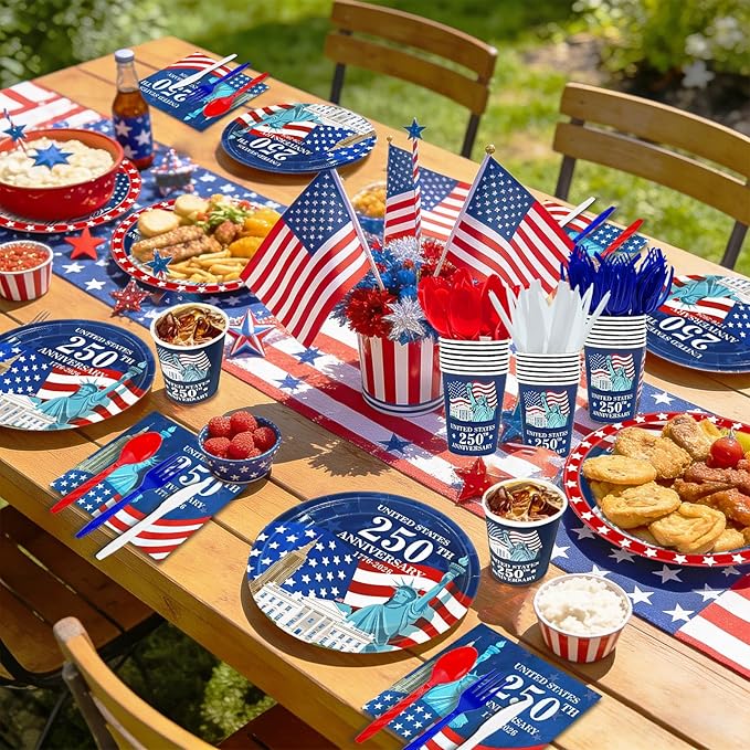 168PCS 4th of July Decorations 250th Anniversary Patriotic Party Supplies American Flag Tableware Set Plates Napkins Cups Knives Forks Spoon Red White Blue Decor for Memorial Independence Day Serve 24