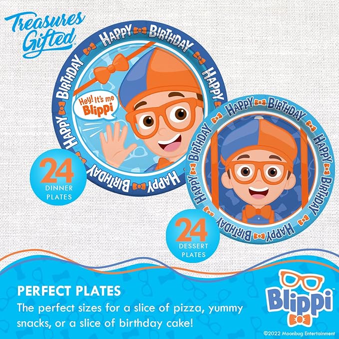 Treasures Gifted Officially Licensed Blippi Birthday Party Supplies - Serves 24 Guests - Complete Set Party Supplies - Blippi Birthday Decorations, Plates, Banner & More