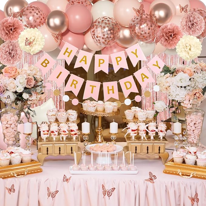 Pink Birthday Party Decorations, Dusty Pink Sand Confetti Rose Gold Balloons Happy Birthday Banner Fringe Curtains Butterfly Hanging Swirls Circle Dots Tassels Pompoms for Women Girls Party Supplies