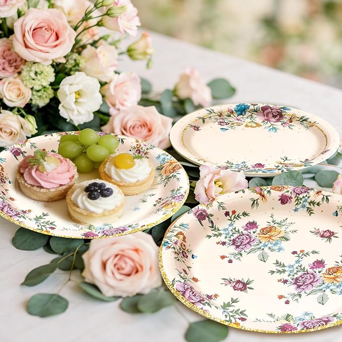180Pcs Vintage Floral Party Supplies Paper Plates and Napkins Serve 60 Disposable Tableware Set for Birthday Party Decorations Game Day Family Holiday Sports Events