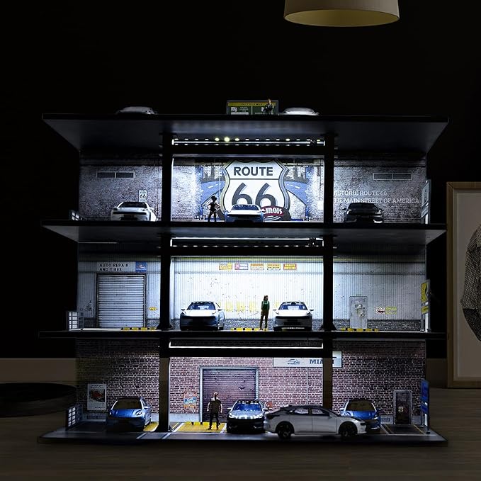1/64 Scale Display Case 4 Layers 20 Parking Spaces Parking Garage Moldel for Diecast Toy Car Display Case with LED Light Collection Gift