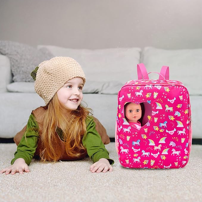 K.T.Fancy 7 PCS 18 inch Dolls Bag Carrier Set and Accessories Including Clothes, Shoes, Sunglasses, Doll Backpack and Toy Unicorn (NO Doll)
