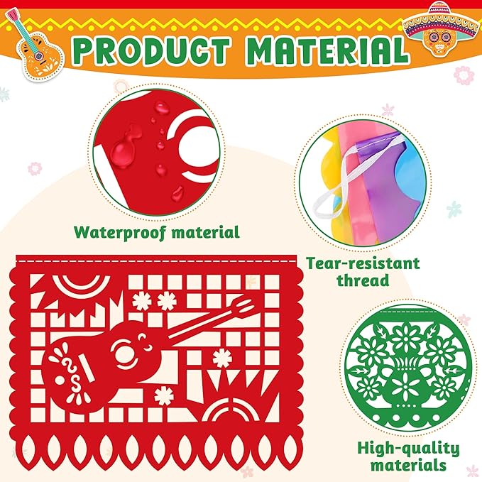 3 PCS Cinco De Mayo Decorations, Plastic Mexican Party Banner 55.2 FT Papel Picado Dia De Los Muertos, Colorful Fiesta Banner for Day of the Dead Decorations Ofrenda Decorations for Fiesta Decor