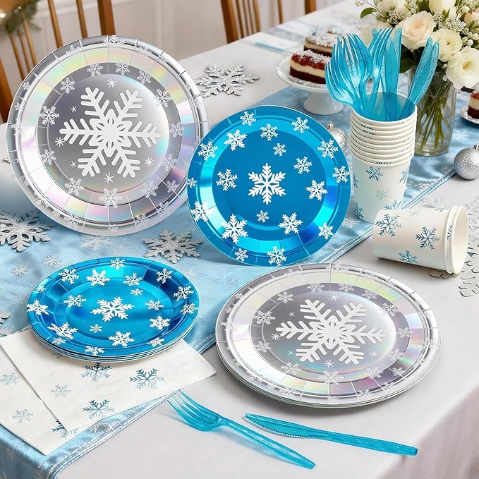 144Pcs Snowflake Frozen Birthday Party Supplies Decorations Laser Paper Plates Napkins Vintage Party Tableware Disposable Snow Dinnerware Set for Kids Birthday Baby Shower Table Decor, Serve 24