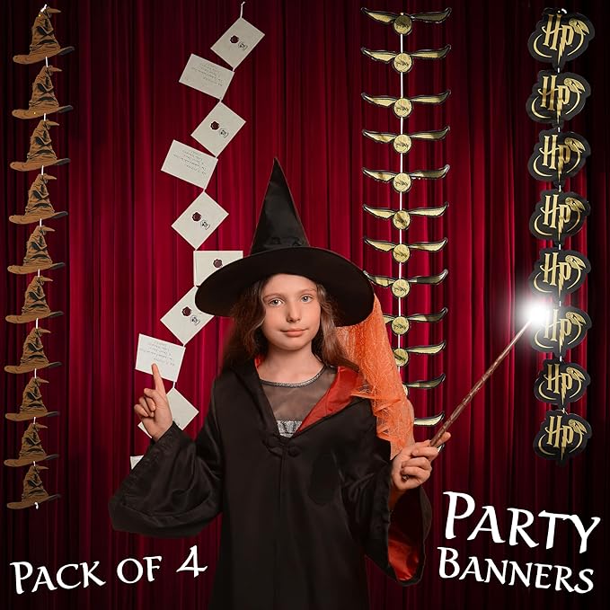 Harry Potter Gifts Garland Decorations Set of 4 Party Banners 4.9 Ft Golden Snitch Letters Sorting Hat Wall Decor Birthday Party Supplies Room Decor (Multi Banners, 40 Pieces)