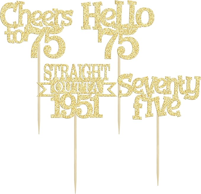 Ephlyn 24Pcs 75th Birthday Cupcake Toppers Glitter Straight Outta 1951 Cupcake Picks Hello 75 Cheers to 75 Years Cake Decorations for 75th Birthday Anniversary Party Decorations Supplies Gold
